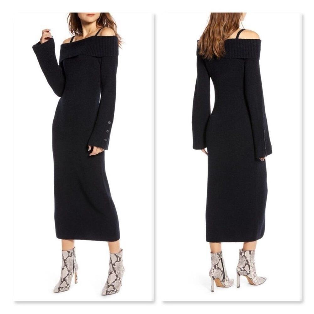 Something Navy Black Cold Shoulder Fold Over Knit Midi Sweater Dress XS